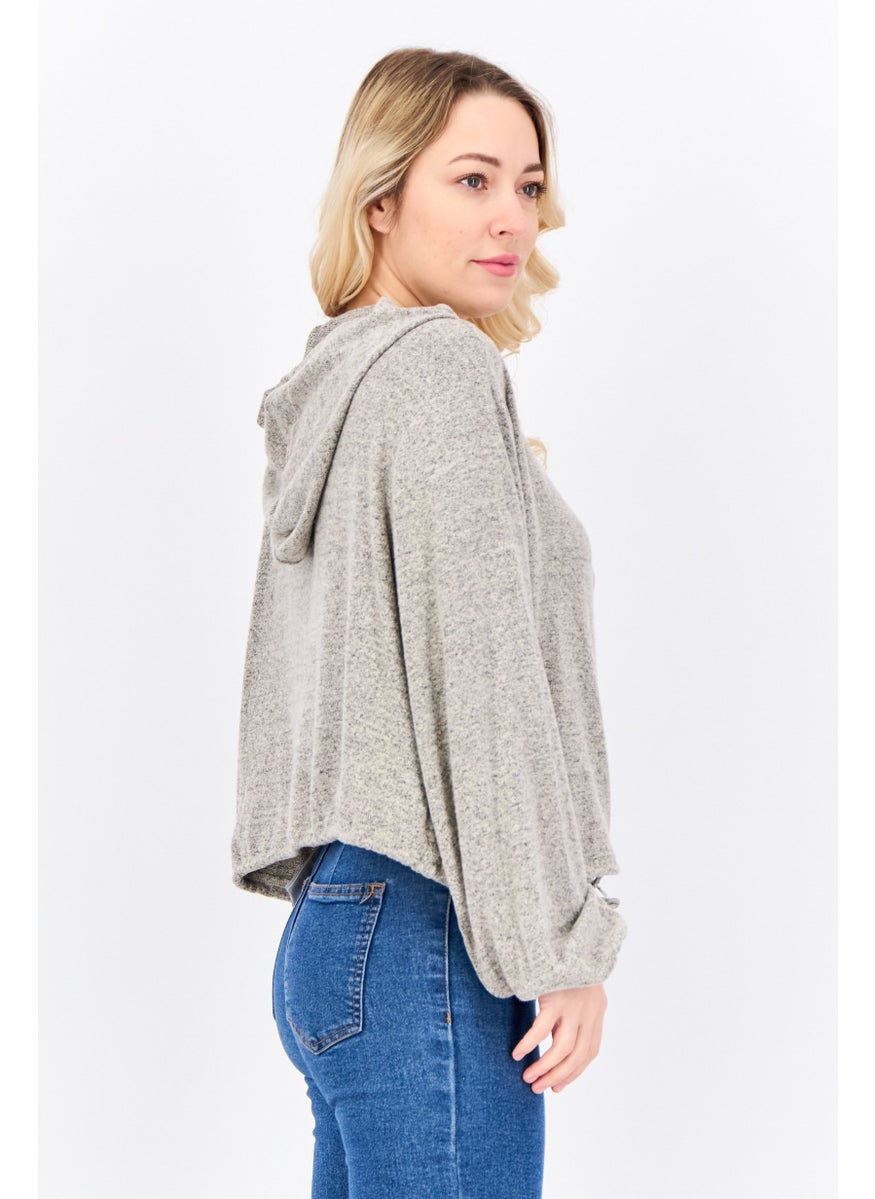 BRAVE SOUL - Women Hooded Long Sleeve Solid Sweatshirt, Beige - Image 1