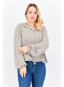 Women Hooded Long Sleeve Solid Sweatshirt, Beige