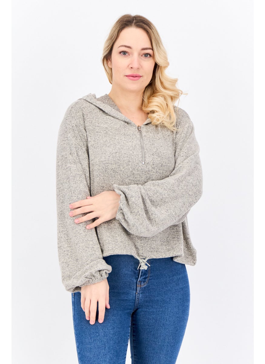 BRAVE SOUL - Women Hooded Long Sleeve Solid Sweatshirt, Beige - Image 1