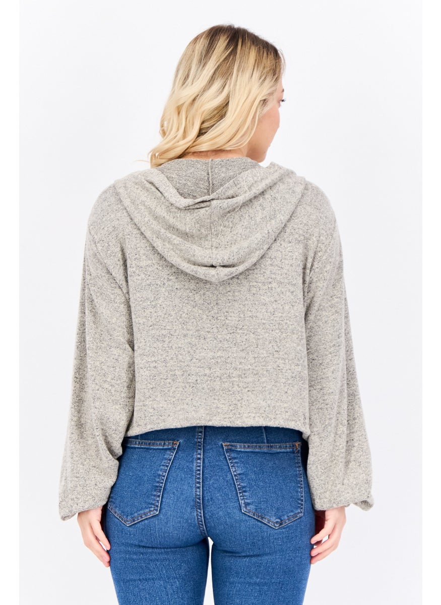 BRAVE SOUL - Women Hooded Long Sleeve Solid Sweatshirt, Beige - Image 1