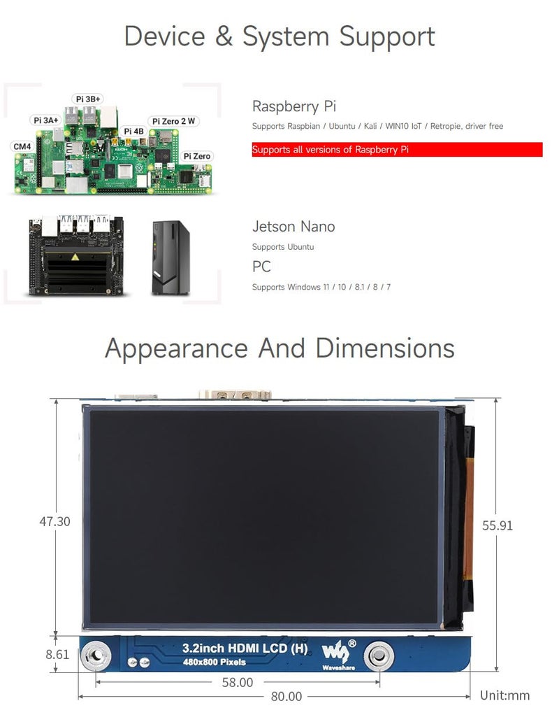 Waveshare شاشة LCD IPS بحجم 3.2 بوصة بدقة 480×800 متوافقة مع Raspberry Pi 4B/3B+/3A+/2B/B+/A+/Zero/Zero W/WH/Zero 2W CM3+/4 Series - Image 4