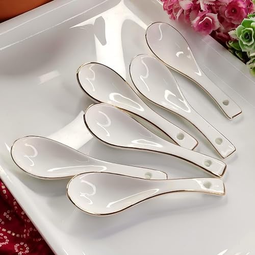 Vemlons Soup Spoons Ceramic Soup Spoon/Ceramic Golden line Soup Spoon Set of 6 Piece Spoon Set - Image 1