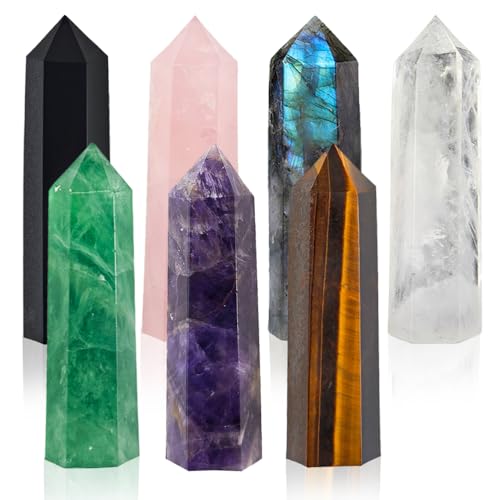 AierCrystal 7Pcs 224 Natural Crystal Obelisk Tower Hexagonal Pointed Wand Rose Quartz Amethyst Green Fluorite White Crystal Labradorite Obsidian Tigers Eye Stone Reiki Healing Crystal Home Desktop Decor - Image 1