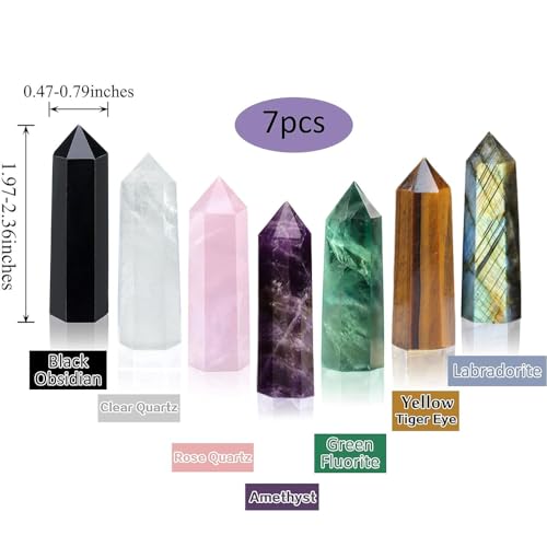 AierCrystal 7Pcs 224 Natural Crystal Obelisk Tower Hexagonal Pointed Wand Rose Quartz Amethyst Green Fluorite White Crystal Labradorite Obsidian Tigers Eye Stone Reiki Healing Crystal Home Desktop Decor - Image 3