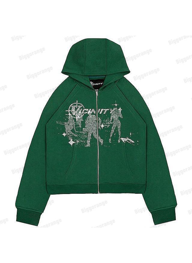 Generic - New Hiphop Green Zip Hoodie Men Urban Harajuku Anime Print Long Sleeve black fleece - Image 1