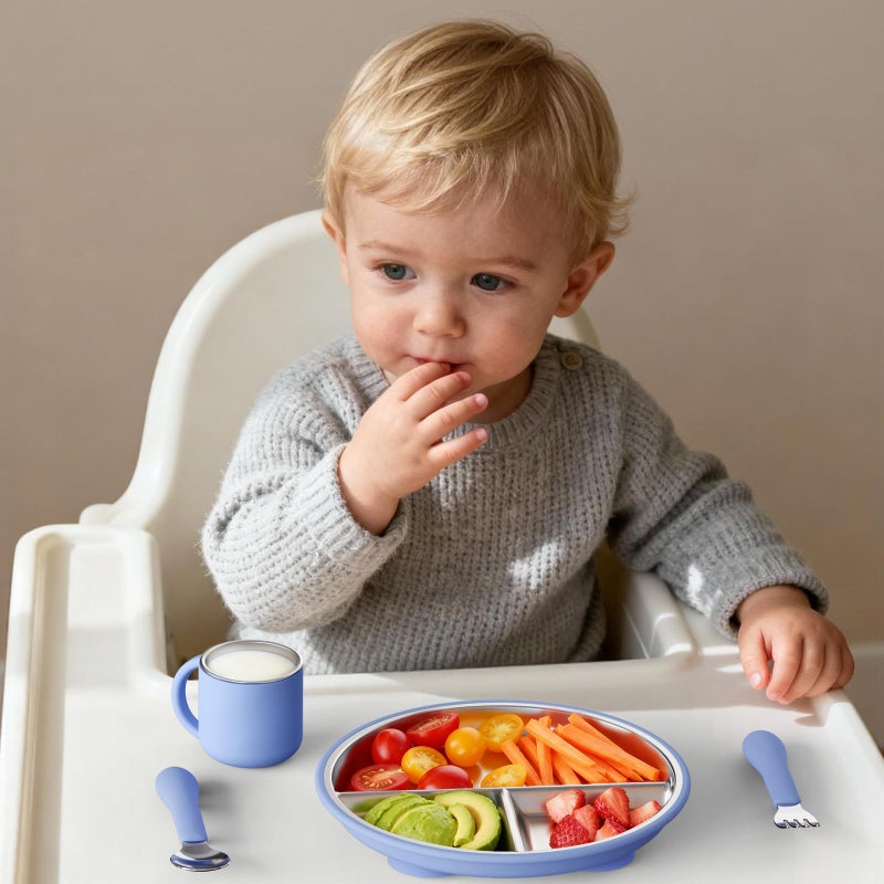 Bakpoco Stainless Steel Suction Plates for Toddlers, 9" Divided Kids Baby Plates with Removable Silicone Suction, Non Toxic Non Slip Portion Control Snack Dishes 3 Packs, Blue Gray Beige - Image 4