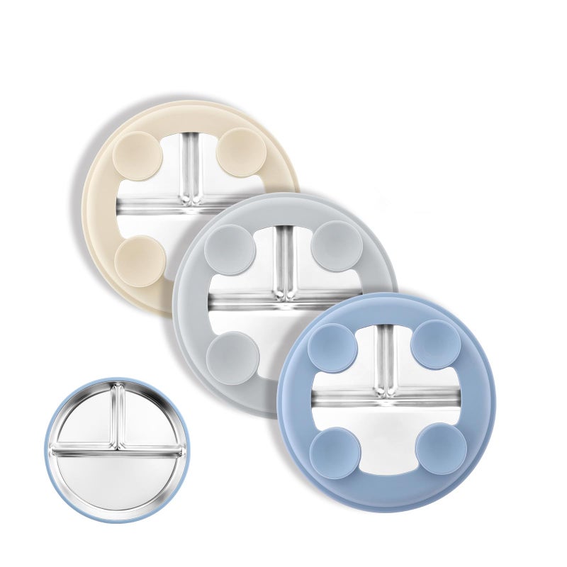 Bakpoco Stainless Steel Suction Plates for Toddlers, 9" Divided Kids Baby Plates with Removable Silicone Suction, Non Toxic Non Slip Portion Control Snack Dishes 3 Packs, Blue Gray Beige - Image 1