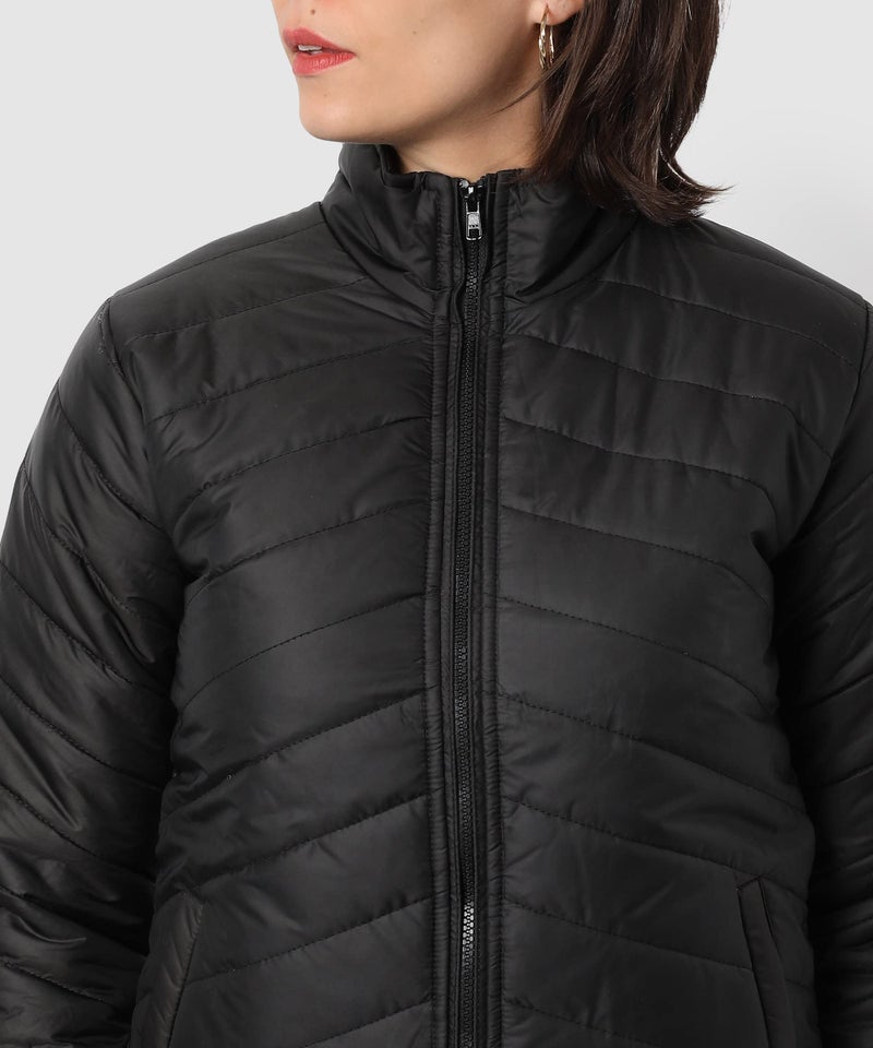 Campus Sutra Women's Black Puffer Regular Fit Bomber Jacket For Winter Wear, Standing Collar, Full Sleeve, Zipper, Casual Jacket For Woman & Girl, Western Stylish Jacket For Women - Image 5