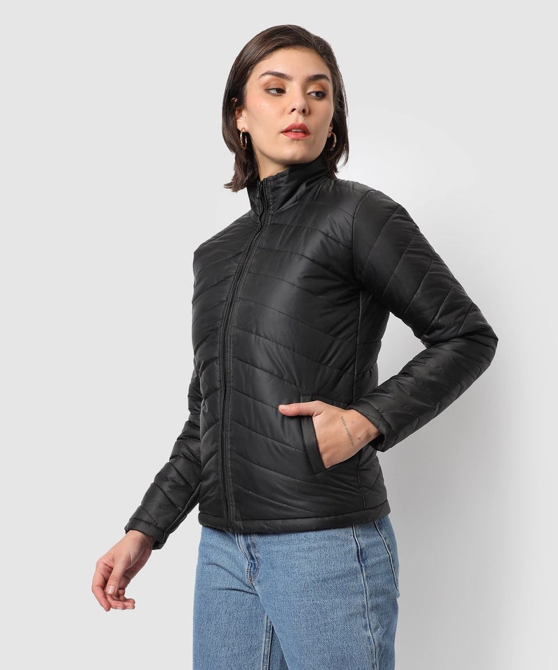 Campus Sutra Women's Black Puffer Regular Fit Bomber Jacket For Winter Wear, Standing Collar, Full Sleeve, Zipper, Casual Jacket For Woman & Girl, Western Stylish Jacket For Women - Image 3