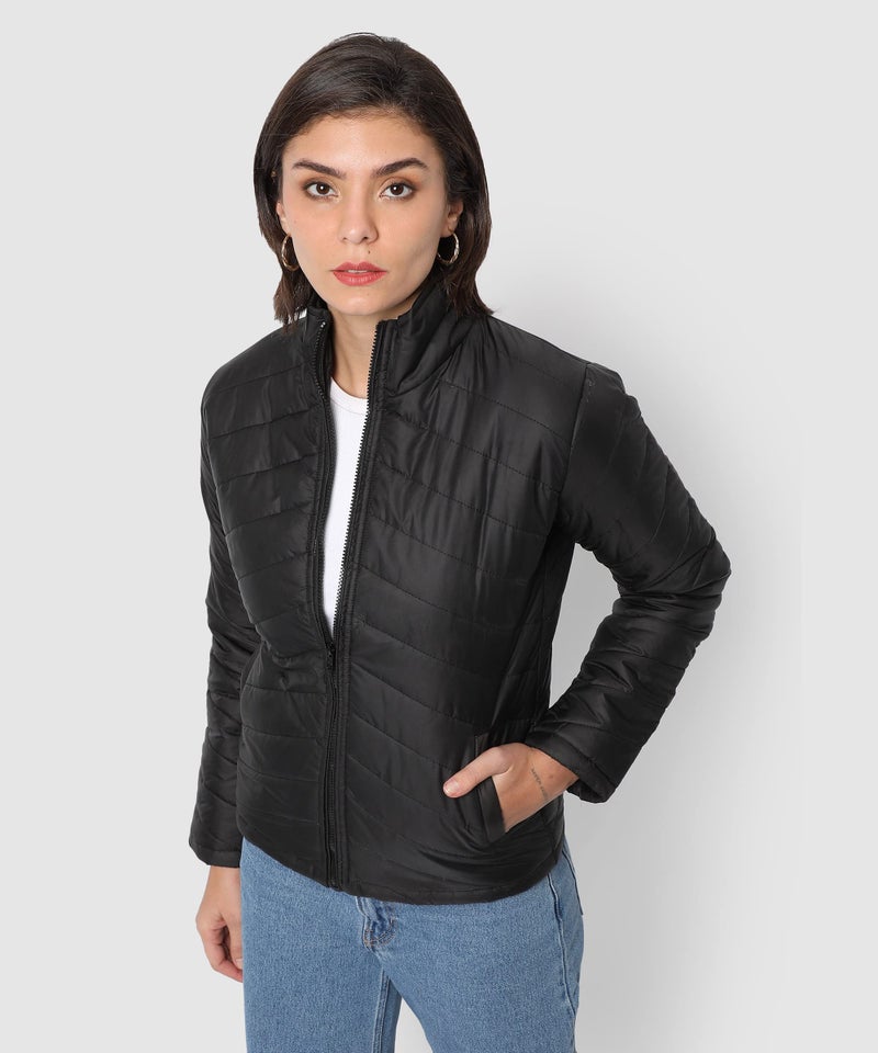 Campus Sutra Women's Black Puffer Regular Fit Bomber Jacket For Winter Wear, Standing Collar, Full Sleeve, Zipper, Casual Jacket For Woman & Girl, Western Stylish Jacket For Women - Image 2