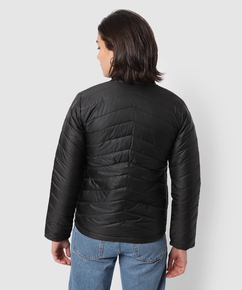 Campus Sutra Women's Black Puffer Regular Fit Bomber Jacket For Winter Wear, Standing Collar, Full Sleeve, Zipper, Casual Jacket For Woman & Girl, Western Stylish Jacket For Women - Image 4