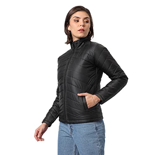 Campus Sutra Women's Black Puffer Regular Fit Bomber Jacket For Winter Wear, Standing Collar, Full Sleeve, Zipper, Casual Jacket For Woman & Girl, Western Stylish Jacket For Women - Image 1