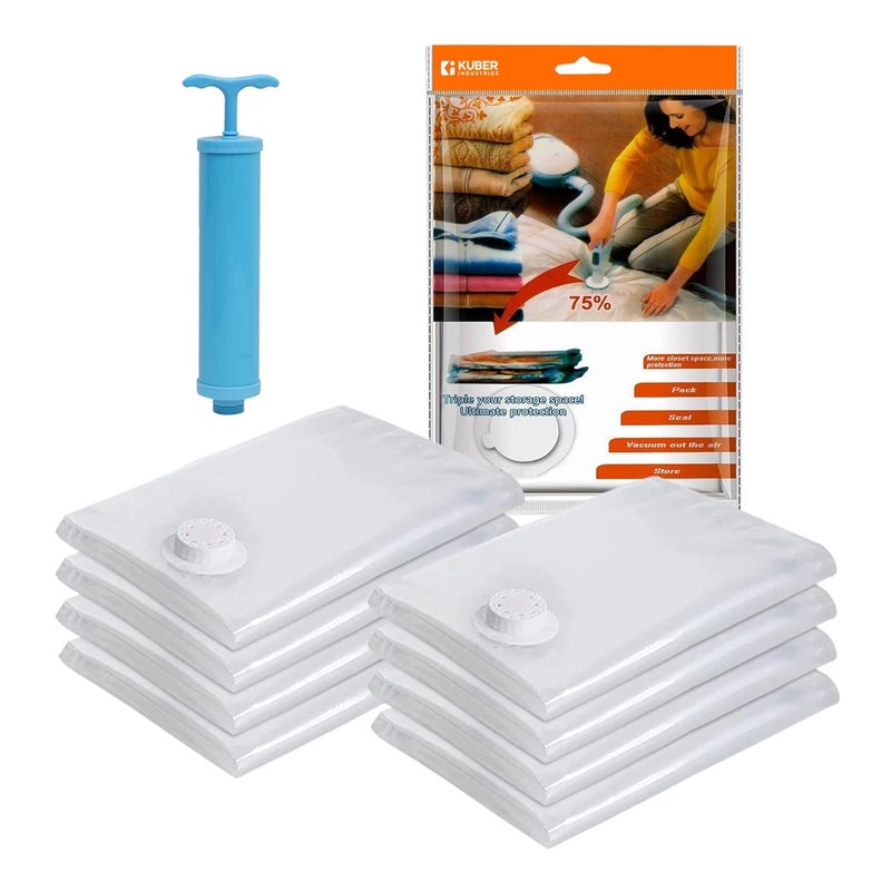 Kuber Industries Vacuum Storage Bags Travel Space Saver Seal Bags Vacuum Bags Bags for Clothes with Hand Pump 50x70 Pack of 8 Transparent - Image 1