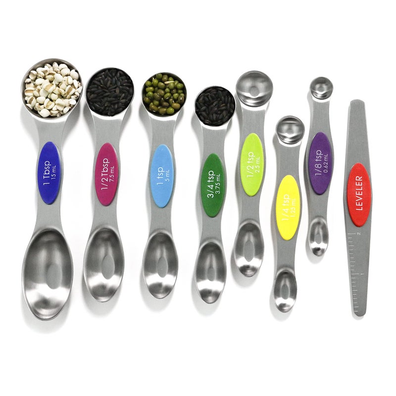 BIDFUL Magnetic Measuring Spoons Set Stainless Steel with Leveler, 8pcs Multicolors Measuring Cups Set for Baking, Measuring Cups and Spoon Set Kitchen Gadgets Apartment Essentials Fits in Spice Jars - Image 1