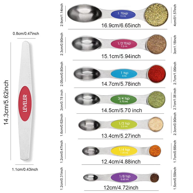 BIDFUL Magnetic Measuring Spoons Set Stainless Steel with Leveler, 8pcs Multicolors Measuring Cups Set for Baking, Measuring Cups and Spoon Set Kitchen Gadgets Apartment Essentials Fits in Spice Jars - Image 2