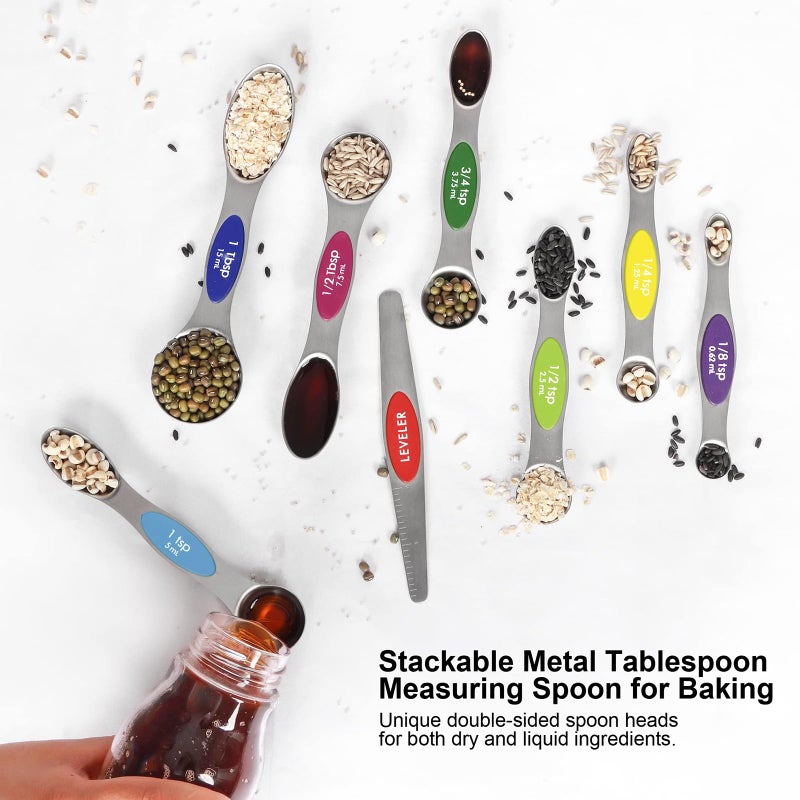 BIDFUL Magnetic Measuring Spoons Set Stainless Steel with Leveler, 8pcs Multicolors Measuring Cups Set for Baking, Measuring Cups and Spoon Set Kitchen Gadgets Apartment Essentials Fits in Spice Jars - Image 5