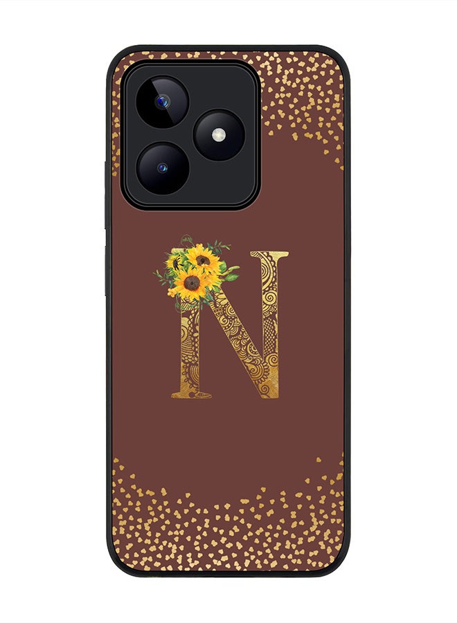 Stylizedd Rugged Black edge case for Realme C51 / Realme Note 50 4G,Custom Monogram Initial Letter Floral Pattern Alphabet - N (Brown) - Image 1