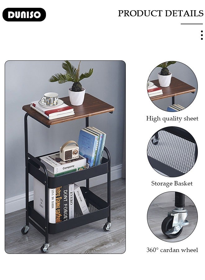 DUNISO 3-Tier Rolling Utility Cart,Rolling Storage Cart with Wooden Tabletop,Trolley Kitchen Organizer Rolling Desk with Locking Wheels for Kitchen,Bathroom,Living Room,Office - Image 3