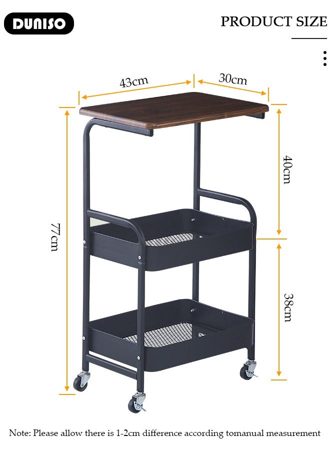DUNISO 3-Tier Rolling Utility Cart,Rolling Storage Cart with Wooden Tabletop,Trolley Kitchen Organizer Rolling Desk with Locking Wheels for Kitchen,Bathroom,Living Room,Office - Image 2