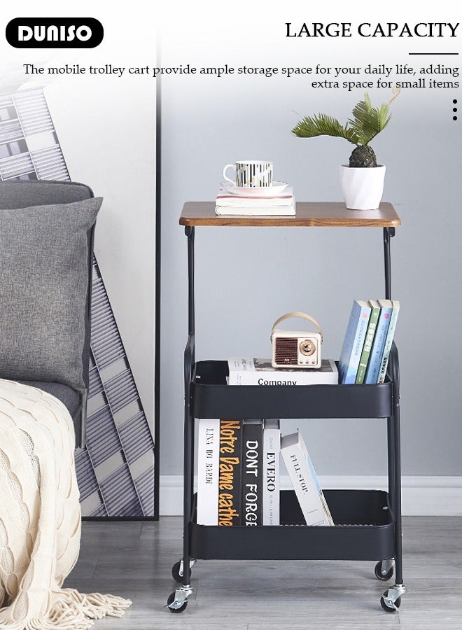 DUNISO 3-Tier Rolling Utility Cart,Rolling Storage Cart with Wooden Tabletop,Trolley Kitchen Organizer Rolling Desk with Locking Wheels for Kitchen,Bathroom,Living Room,Office - Image 5