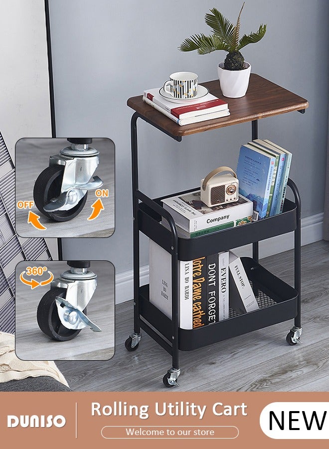 DUNISO 3-Tier Rolling Utility Cart,Rolling Storage Cart with Wooden Tabletop,Trolley Kitchen Organizer Rolling Desk with Locking Wheels for Kitchen,Bathroom,Living Room,Office - Image 1