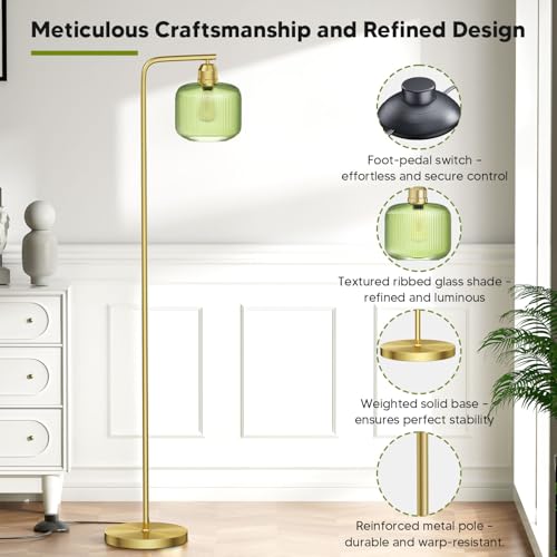 Karjoefar Glass Floor Lamp for Living Room, Modern Standing Lamp with Green Ribbed Glass Lampshade and Pedal Switch, 66” Tall Lamp & Gold Floor Lamp for Bedroom Study Room,Brushed Gold(3000K LED Bulb Included) - Image 3