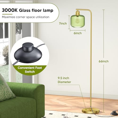 Karjoefar Glass Floor Lamp for Living Room, Modern Standing Lamp with Green Ribbed Glass Lampshade and Pedal Switch, 66” Tall Lamp & Gold Floor Lamp for Bedroom Study Room,Brushed Gold(3000K LED Bulb Included) - Image 5