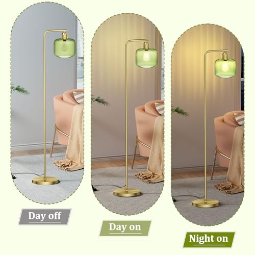 Karjoefar Glass Floor Lamp for Living Room, Modern Standing Lamp with Green Ribbed Glass Lampshade and Pedal Switch, 66” Tall Lamp & Gold Floor Lamp for Bedroom Study Room,Brushed Gold(3000K LED Bulb Included) - Image 2