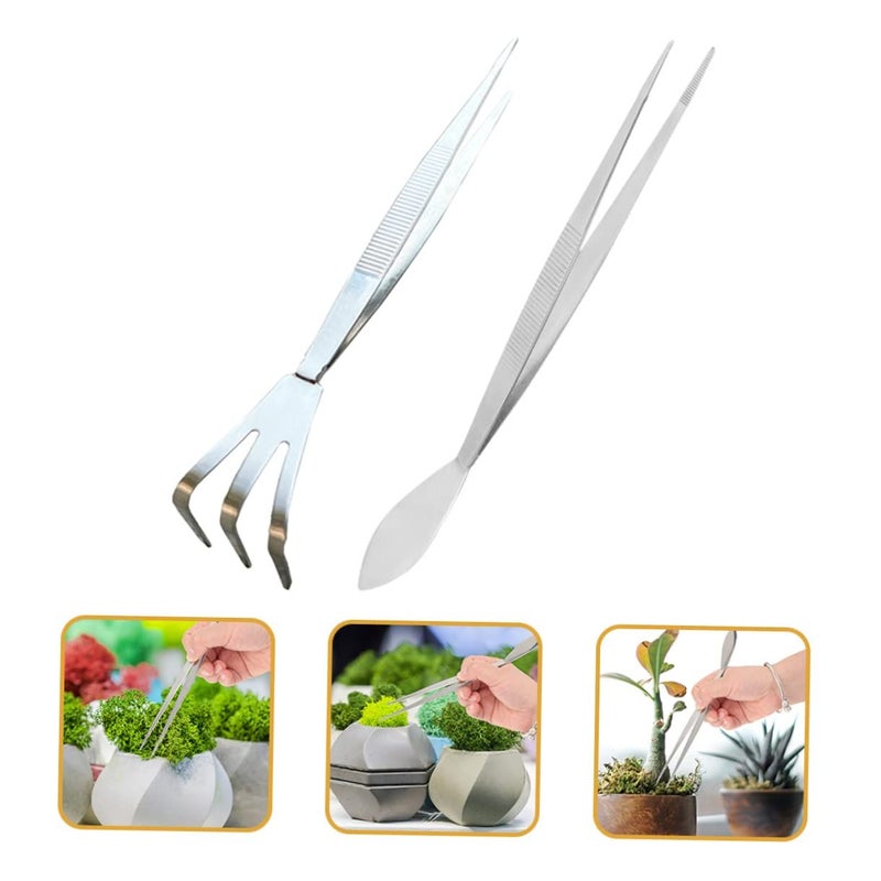 Stainless Steel Garden Tool Set 22x2cm Silver Long Tweezers Rake Spatula for Bonsai Aquarium Maintenance - Image 5