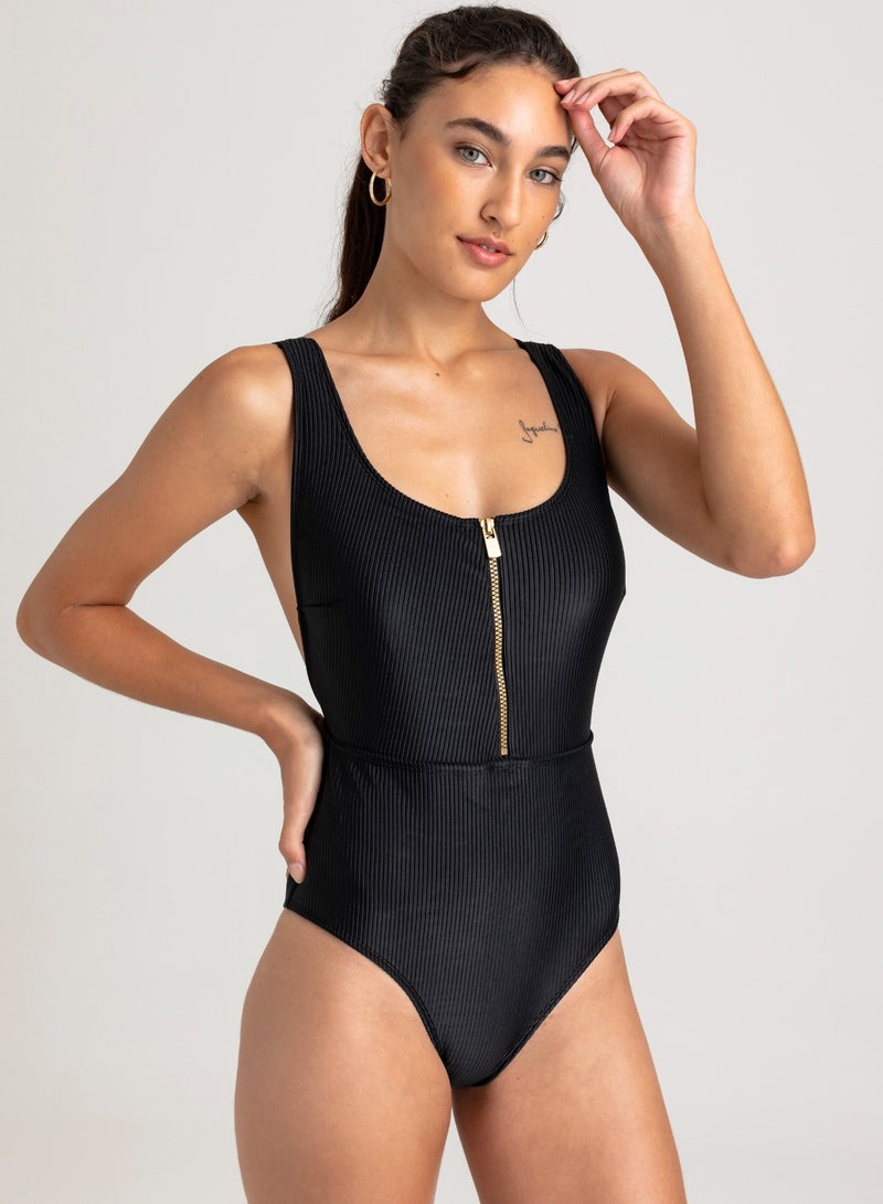 VULEVU Zip Detailed One Piece Swimsuit Black - Image 3