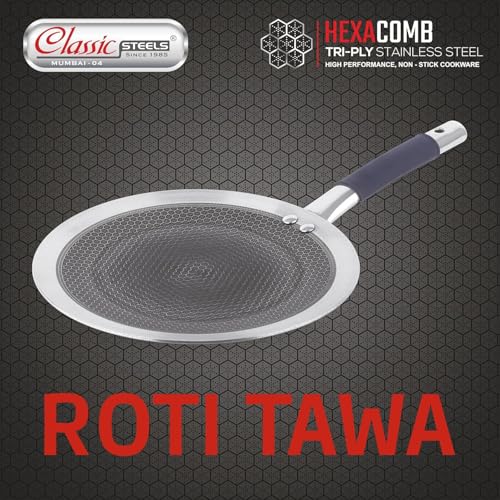 Classic Steels Hexa Comb Roti Tawa 24cm - 2.5mm Thick | Non-Stick Triply Stainless Steel Roti Tawa for Roti, Chapati, Paratha | Induction & Gas Compatible| Durable Stay Cool Silicon Handle - Image 2