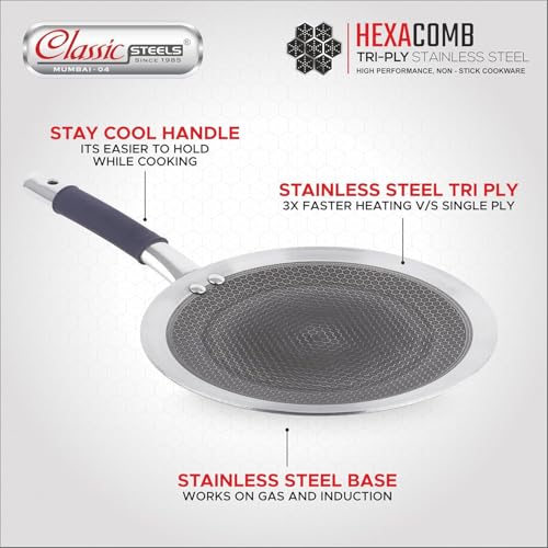 Classic Steels Hexa Comb Roti Tawa 24cm - 2.5mm Thick | Non-Stick Triply Stainless Steel Roti Tawa for Roti, Chapati, Paratha | Induction & Gas Compatible| Durable Stay Cool Silicon Handle - Image 4