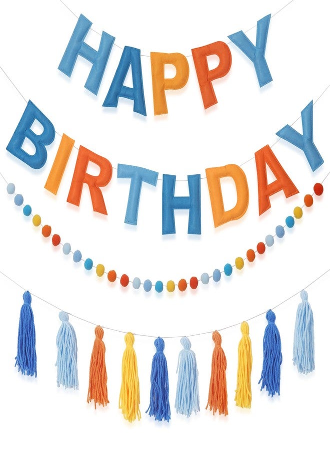 Ohiyoo Pre-Strung Happy Birthday Banner Blue and Orange Party Decorations Felt Ball Garland Sign for Blue Dog Birthday Party Décor - Image 1