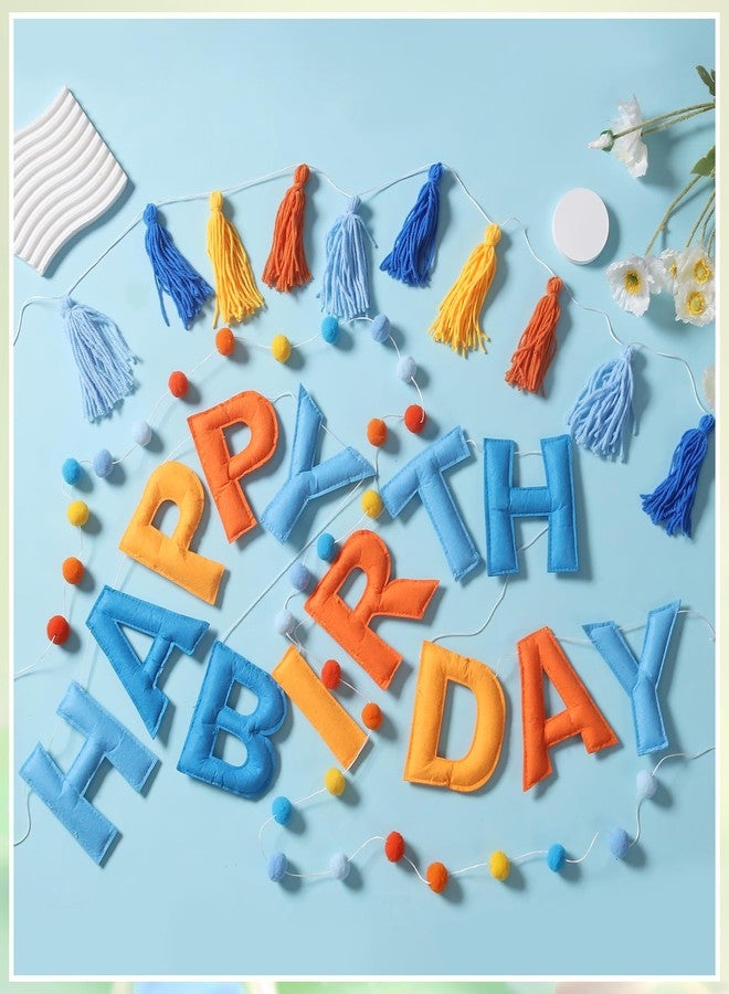 Ohiyoo Pre-Strung Happy Birthday Banner Blue and Orange Party Decorations Felt Ball Garland Sign for Blue Dog Birthday Party Décor - Image 3
