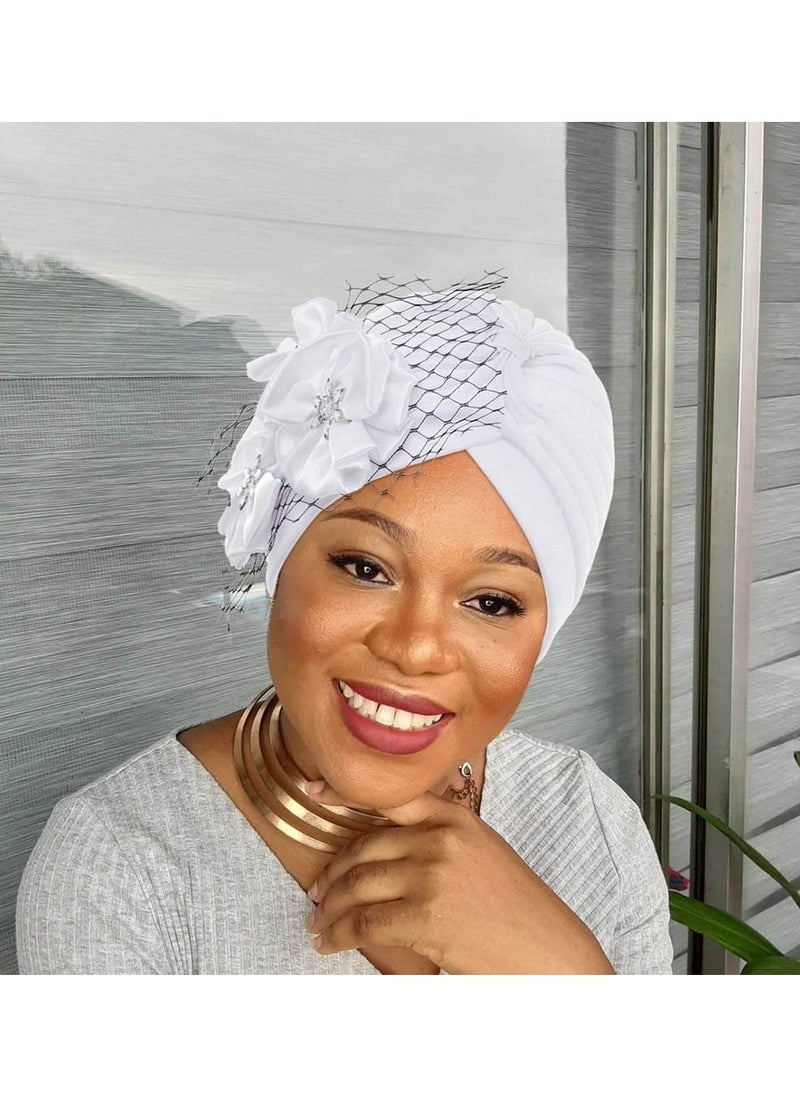 Generic Pack of 2 Turban Head Wrap Pattern Head Scarf Soft Flower Print Head Cover Cap Knotted Head Wraps Cap White Mesh Pre-Tied Turban Headwear Rhinestone Flower for Women and Girls  - Image 5