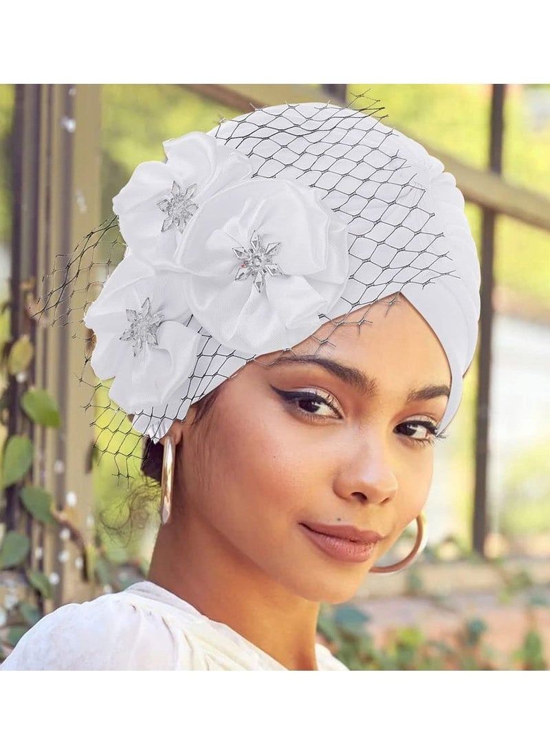 Generic Pack of 2 Turban Head Wrap Pattern Head Scarf Soft Flower Print Head Cover Cap Knotted Head Wraps Cap White Mesh Pre-Tied Turban Headwear Rhinestone Flower for Women and Girls  - Image 2