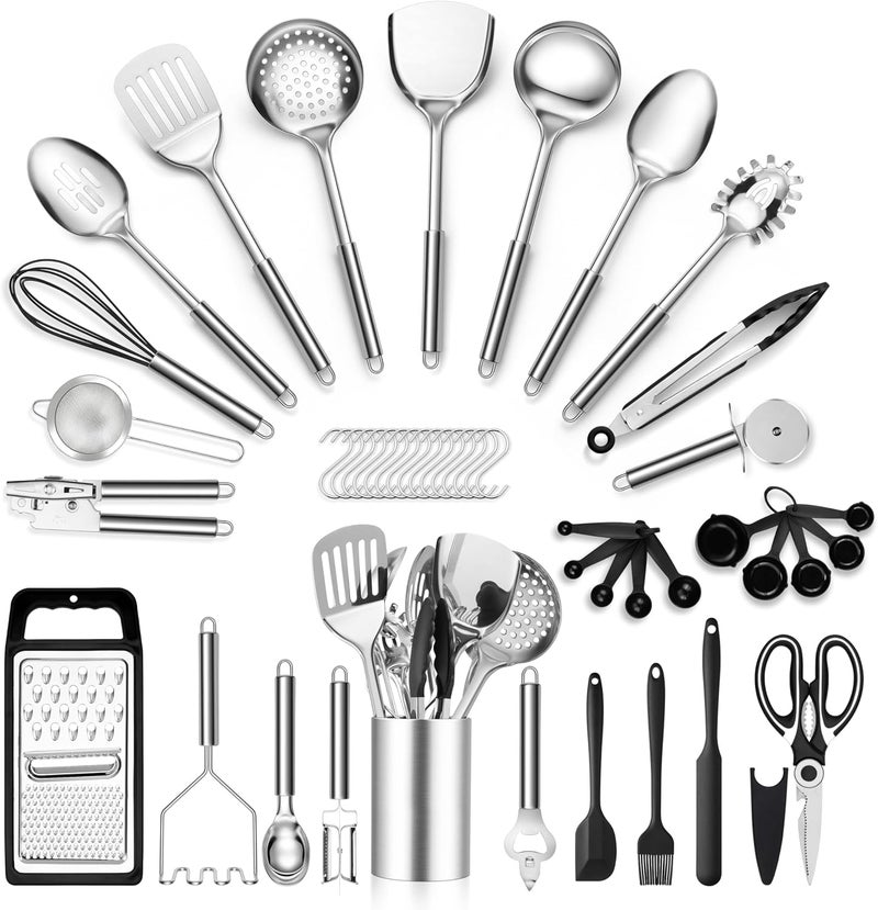 E-far Stainless Steel Kitchen Utensils Set, 39-Piece Cooking Utensils Set with Holder, Non-toxic Metal Heat Resistant Kitchen Gadgets Cookware Tool Spatula Set for Cooking, Dishwasher Safe - Image 1