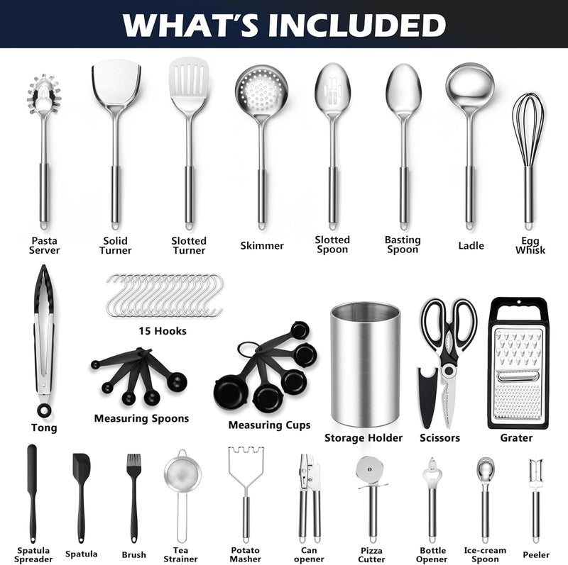 E-far Stainless Steel Kitchen Utensils Set, 39-Piece Cooking Utensils Set with Holder, Non-toxic Metal Heat Resistant Kitchen Gadgets Cookware Tool Spatula Set for Cooking, Dishwasher Safe - Image 2