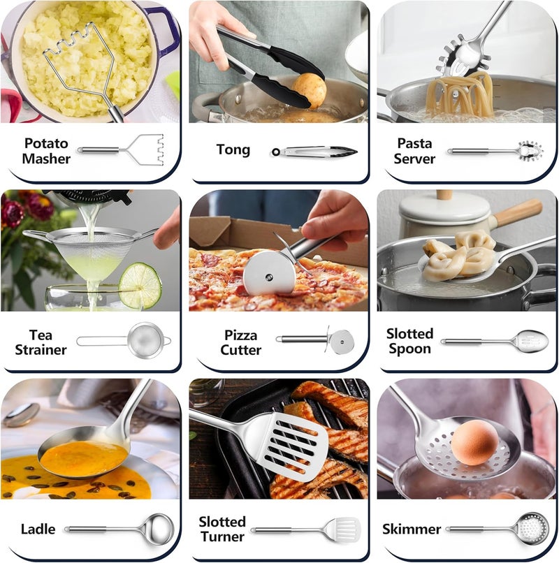 E-far Stainless Steel Kitchen Utensils Set, 39-Piece Cooking Utensils Set with Holder, Non-toxic Metal Heat Resistant Kitchen Gadgets Cookware Tool Spatula Set for Cooking, Dishwasher Safe - Image 3