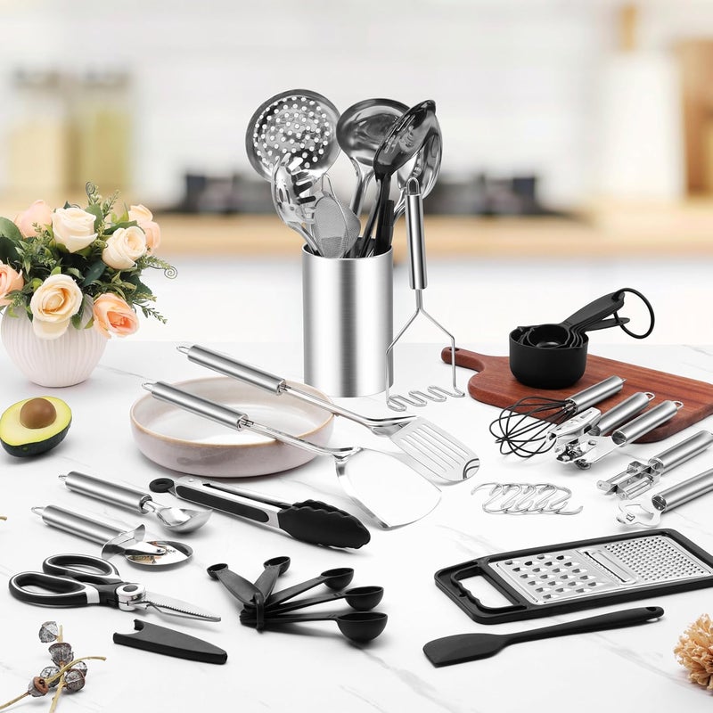 E-far Stainless Steel Kitchen Utensils Set, 39-Piece Cooking Utensils Set with Holder, Non-toxic Metal Heat Resistant Kitchen Gadgets Cookware Tool Spatula Set for Cooking, Dishwasher Safe - Image 4