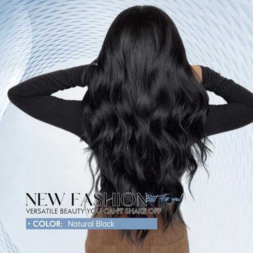 Allbell Long Black Wigs for Women Curly Synthetic Wig with Bangs Body Wave Natural Looking Heat Resistant Fiber Fake Hair for Daily Use - Image 4