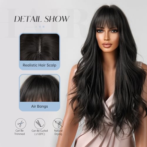 Allbell Long Black Wigs for Women Curly Synthetic Wig with Bangs Body Wave Natural Looking Heat Resistant Fiber Fake Hair for Daily Use - Image 3