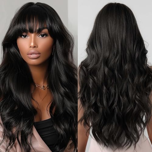 Allbell Long Black Wigs for Women Curly Synthetic Wig with Bangs Body Wave Natural Looking Heat Resistant Fiber Fake Hair for Daily Use - Image 1