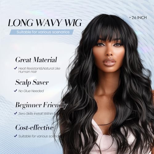 Allbell Long Black Wigs for Women Curly Synthetic Wig with Bangs Body Wave Natural Looking Heat Resistant Fiber Fake Hair for Daily Use - Image 2