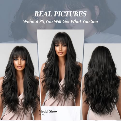 Allbell Long Black Wigs for Women Curly Synthetic Wig with Bangs Body Wave Natural Looking Heat Resistant Fiber Fake Hair for Daily Use - Image 5