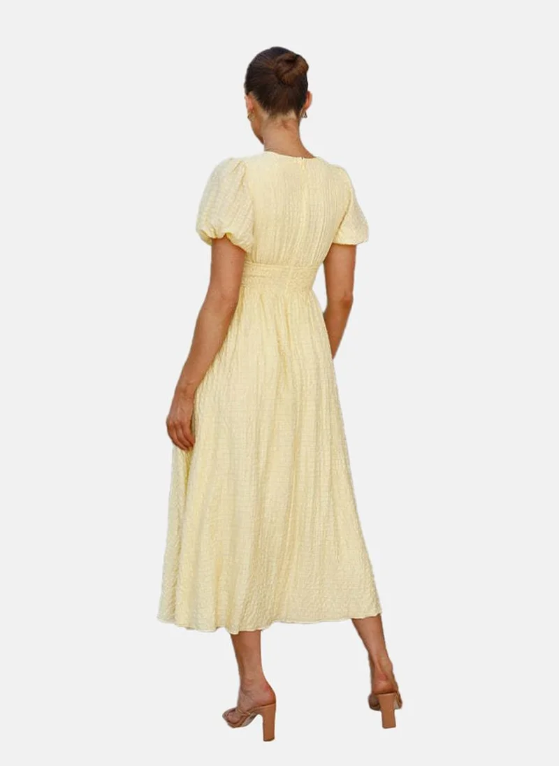 يونيكي Light Yellow Fit & Flare V Neck Solid Dress