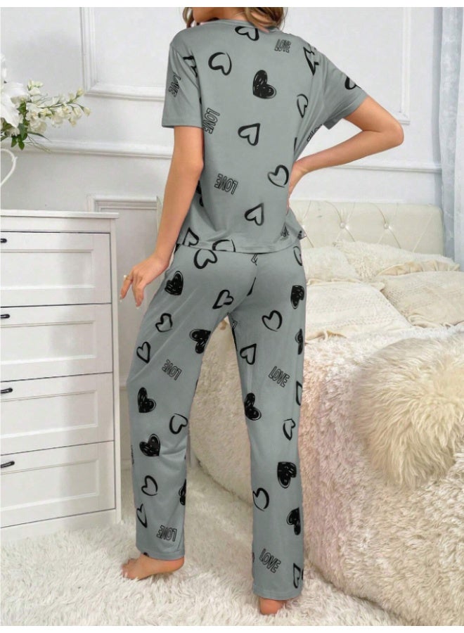 أم أتش دي طقم بيجامة كاجوال نسائي من تي شيرت بأكمام قصيرة ورقبة دائرية وطبعة قلب وبنطلون برباط خصر - Image 2