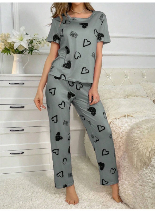 أم أتش دي طقم بيجامة كاجوال نسائي من تي شيرت بأكمام قصيرة ورقبة دائرية وطبعة قلب وبنطلون برباط خصر - Image 4