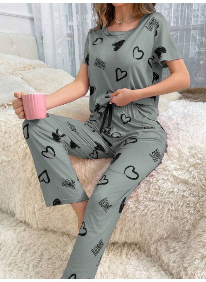 أم أتش دي طقم بيجامة كاجوال نسائي من تي شيرت بأكمام قصيرة ورقبة دائرية وطبعة قلب وبنطلون برباط خصر - Image 3