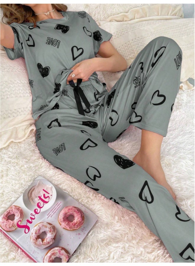 أم أتش دي طقم بيجامة كاجوال نسائي من تي شيرت بأكمام قصيرة ورقبة دائرية وطبعة قلب وبنطلون برباط خصر - Image 1